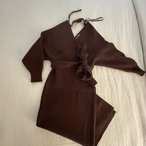 Fashion Nova Chocolate Brown Wrap Knit Dress with Waist Ties